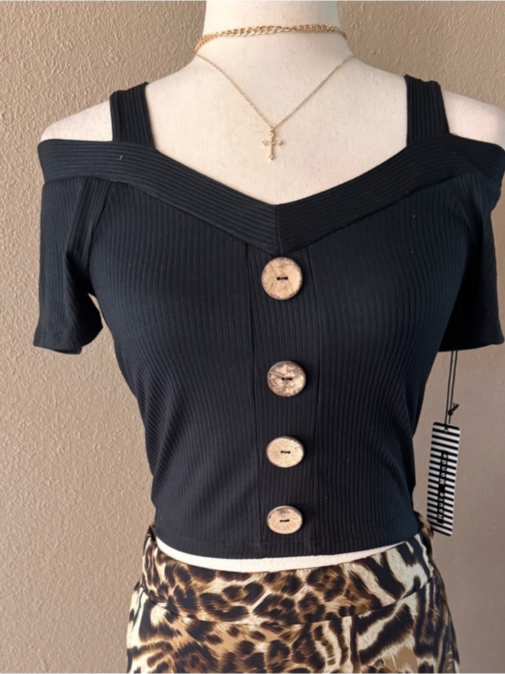 Haute Monde Black Ribbed Off-Shoulder Crop Top with Button Front